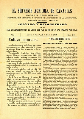 El Porvenir agr&iacute;cola de Canarias : semanario de intereses generales, de informaci&oacute;n mercantil y defensor de los intereses de la agricultura, ganader&iacute;a, industria y comercio